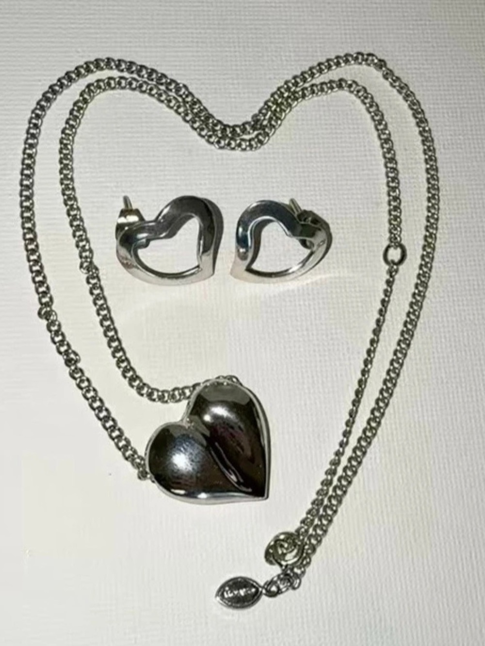 Avon Puffy Heart Necklace & Sterling Silver 925 Open Heart Stud Earrings Set